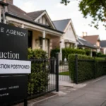 A quiet Australian suburban street with an auction board outside a home, suggesting a softer property market and delayed sales.