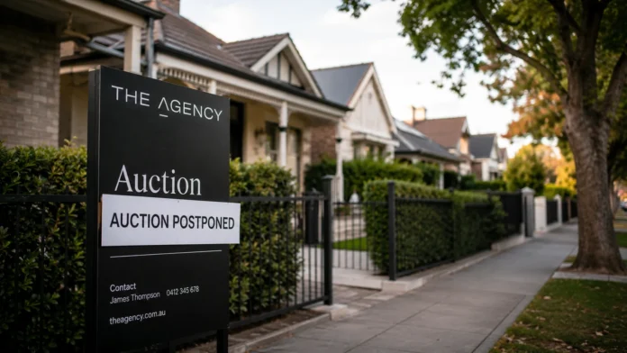 A quiet Australian suburban street with an auction board outside a home, suggesting a softer property market and delayed sales.