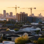 Australian suburban rooftops in the foreground with apartment construction sites and tower cranes against a distant city skyline at sunset