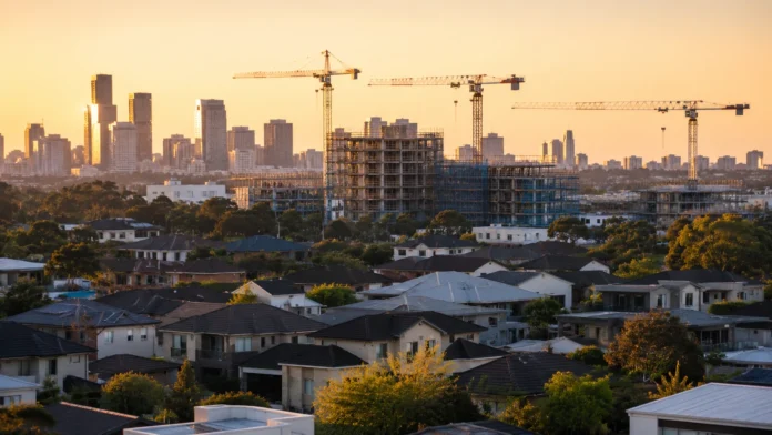 Australian suburban rooftops in the foreground with apartment construction sites and tower cranes against a distant city skyline at sunset