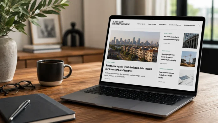 Laptop displaying the Australian Property Review website on a timber desk beside a coffee cup, notebook and glasses in a softly lit home office.