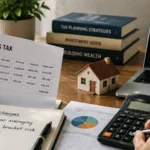 Investor reviewing capital gains tax documents beside a calculator, house model and laptop on a timber desk.