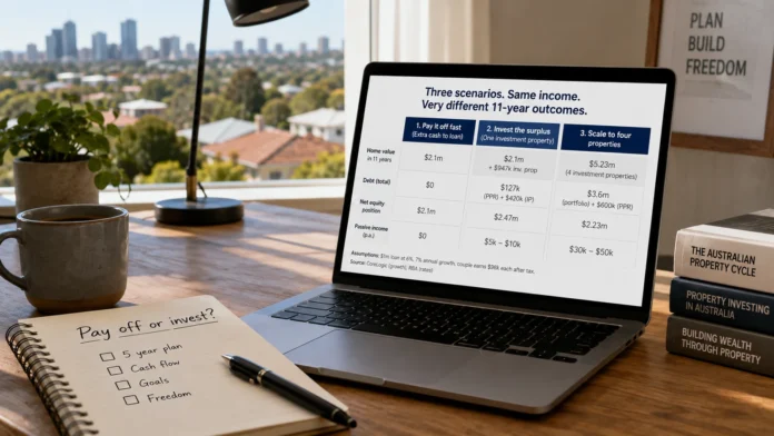 Mortgage papers, calculator and house keys on a stone kitchen bench in a contemporary Australian home, suggesting the choice between repaying debt and investing.