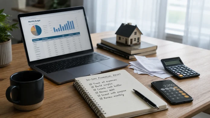 A tidy desk with a laptop showing a monthly budget, a notebook checklist for a 30-day financial reset, a calculator, receipts and a small house model, representing household cashflow planning and property finance.