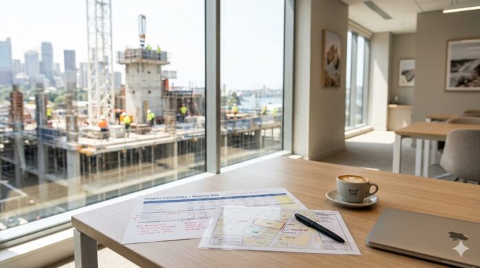 Premium editorial image of a Sydney apartment development site seen through a boardroom window, with feasibility papers on the table, representing NSW housing supply and foreign investment policy.