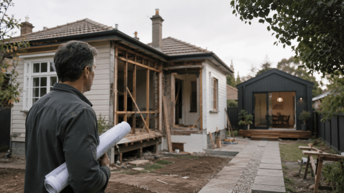 A property owner holding building plans looks over an older Australian home under renovation, with a modern granny flat in the backyard.
