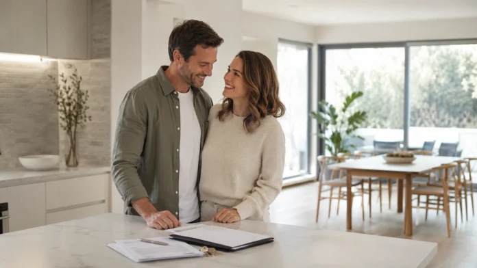 Happy homebuyer couple standing in a bright modern Australian kitchen beside property documents and house keys, reflecting the personal stakes of CGT changes for investors and homeowners.