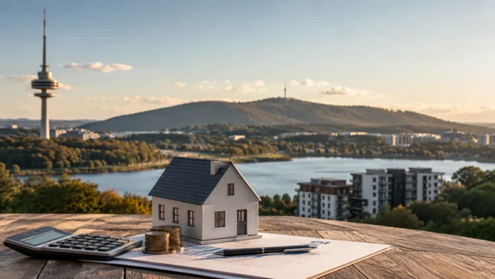 Miniature home, calculator and stacked coins on a table overlooking Canberra, illustrating ACT stamp duty savings for first home buyers.