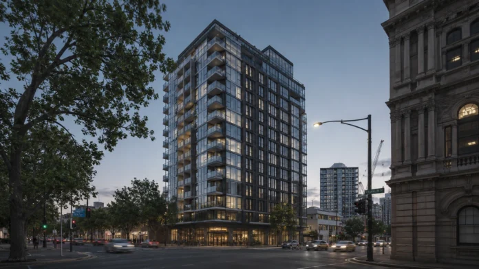 Realistic dusk street view of a modern Adelaide CBD apartment tower near Franklin Street, showing urban infill housing and mixed-use development.