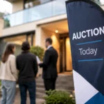 Auction sign outside a modern Australian home, with subdued buyers speaking to an agent in the background, reflecting weaker auction clearance rates.