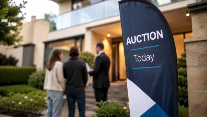 Auction sign outside a modern Australian home, with subdued buyers speaking to an agent in the background, reflecting weaker auction clearance rates.