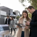 Prospective buyers review a property brochure outside a modern Australian open home, reflecting caution during the June 2026 housing market slowdown