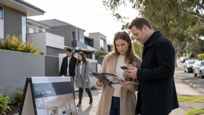 Prospective buyers review a property brochure outside a modern Australian open home, reflecting caution during the June 2026 housing market slowdown