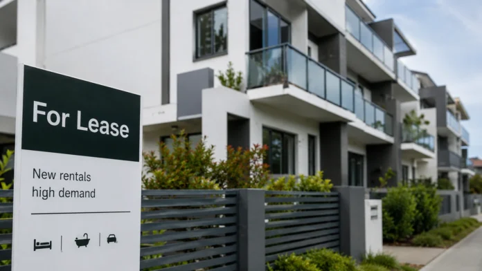 Modern Australian apartment building with a For Lease sign in the foreground, reflecting rental pressure and housing affordability concerns.