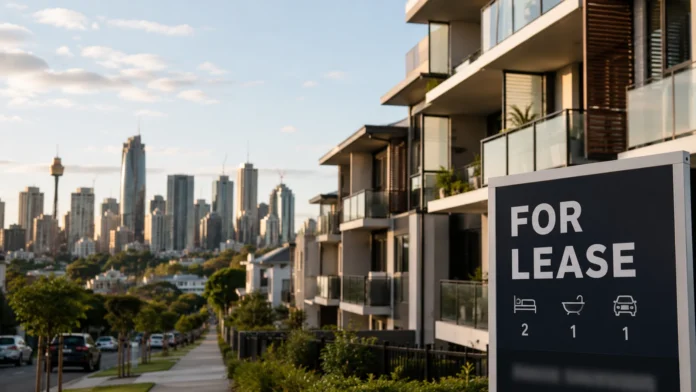 Modern Australian apartment buildings with a for lease sign in the foreground and a city skyline in the background, reflecting investor-owned rental housing market conditions.