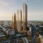 A premium aerial-style view of Bondi Junction with proposed high-rise apartment towers rising above Oxford Street, transport links and surrounding eastern suburbs skyline. 