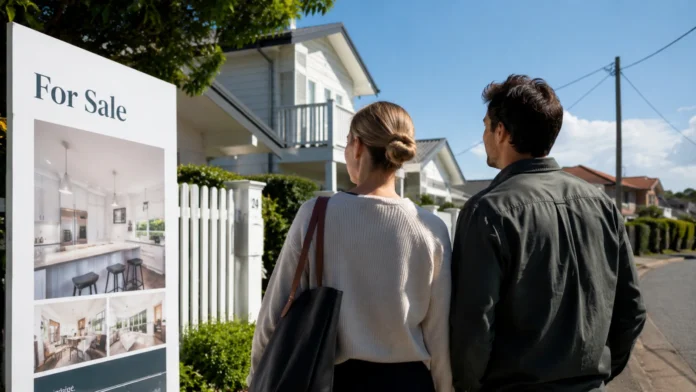 First-home buyers inspect a Brisbane house for sale as softer auction conditions give purchasers more room to negotiate.