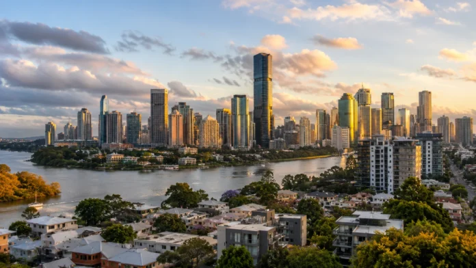 Brisbane skyline and river viewed from an elevated position, used to illustrate a cooling but still resilient Brisbane property market.
