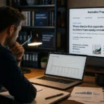 A property investor reviews builder contract documents and project cashflow notes at a desk, with Australian Property Review displayed on a monitor.