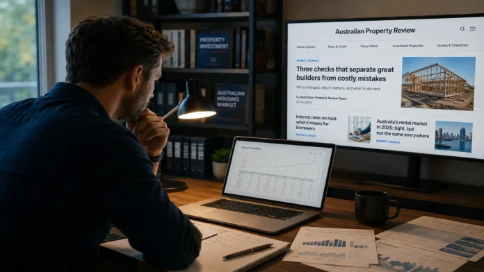 A property investor reviews builder contract documents and project cashflow notes at a desk, with Australian Property Review displayed on a monitor.