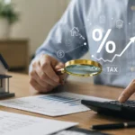 A property tax planning scene with a model house, financial charts, calculator and tax icons, representing CGT changes and investor uncertainty.