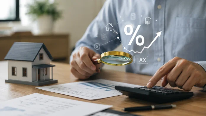 A property tax planning scene with a model house, financial charts, calculator and tax icons, representing CGT changes and investor uncertainty.