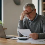 Older Australian property investor reviewing tax documents and retirement finances at a kitchen table. 