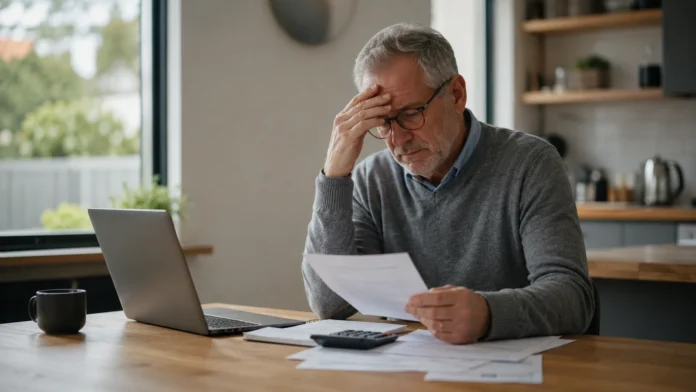 Older Australian property investor reviewing tax documents and retirement finances at a kitchen table. 
