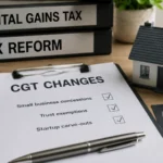 Capital gains tax reform documents, calculator and model house on a desk, illustrating what CGT changes could mean for Australian property investors.