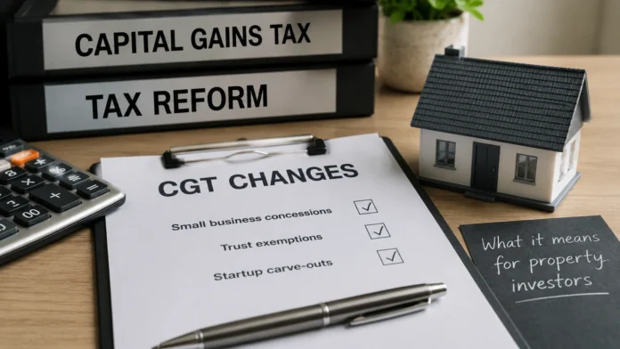Capital gains tax reform documents, calculator and model house on a desk, illustrating what CGT changes could mean for Australian property investors.