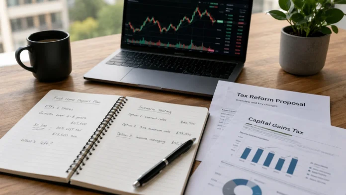 Minimal desk scene showing a laptop with investment charts, notes on a first-home deposit plan, and capital gains tax reform documents.