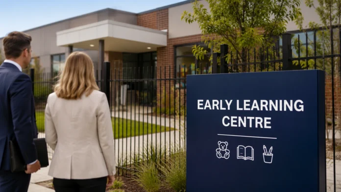 Two business professionals stand outside a modern early learning centre, reflecting tighter childcare property lending and lender scrutiny of commercial assets.