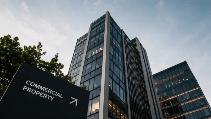 Modern commercial office buildings viewed from street level with a black “Commercial Property” sign in the foreground, representing investor interest shifting towards commercial real estate.
