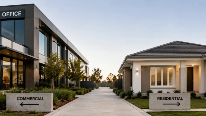 Commercial office building and residential home side by side, showing the choice between commercial and residential property investing.
