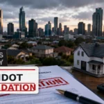 Buyer’s agency agreement marked liquidation beside a model house and calculator, with an Australian city skyline in the background.