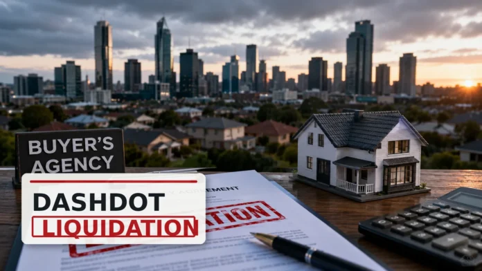 Buyer’s agency agreement marked liquidation beside a model house and calculator, with an Australian city skyline in the background.