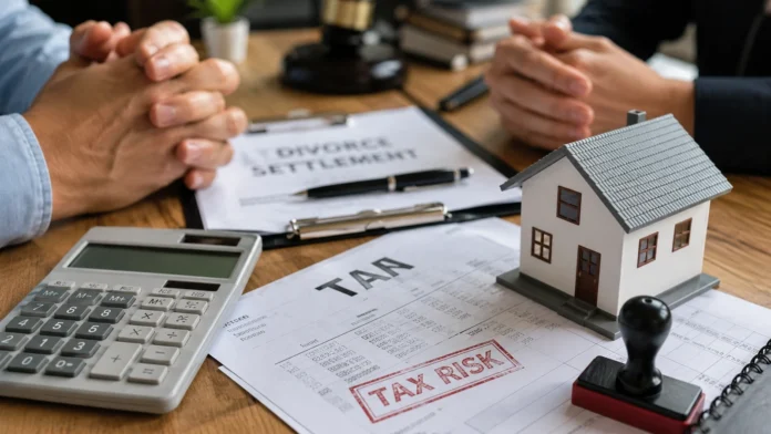 Minimal editorial image showing divorce property settlement paperwork, a calculator, a model house and a tax risk stamp on a desk, representing tax changes affecting asset division.