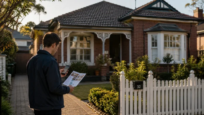 Prospective buyer reviewing a property brochure and phone outside an established Australian brick home, illustrating the foreign buyer ban’s impact on existing housing.