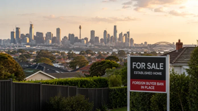 For sale sign outside an established Australian home with Sydney skyline in the background, representing the foreign buyer ban and housing affordability debate.