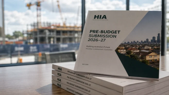 HIA policy submission on a desk with a blurred construction site behind it, representing the housing industry’s warning on investor tax changes and supply risks.