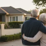 Older couple standing outside a suburban family home with a for sale sign, reflecting the housing policy tension around retirees staying put and fewer family homes reaching the market.
