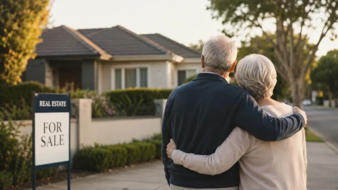 Older couple standing outside a suburban family home with a for sale sign, reflecting the housing policy tension around retirees staying put and fewer family homes reaching the market.