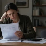 concerned Australian buyer reviews mortgage documents at a kitchen table, reflecting the pressure of home ownership affordability.