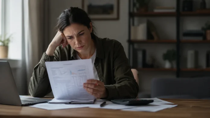 concerned Australian buyer reviews mortgage documents at a kitchen table, reflecting the pressure of home ownership affordability.