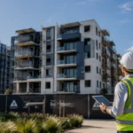Construction worker reviewing a tablet outside a modern apartment project, reflecting Australia’s social and affordable housing supply challenge.
