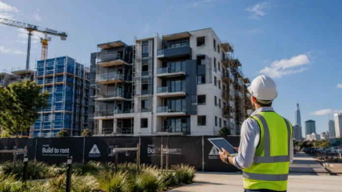 Construction worker reviewing a tablet outside a modern apartment project, reflecting Australia’s social and affordable housing supply challenge.