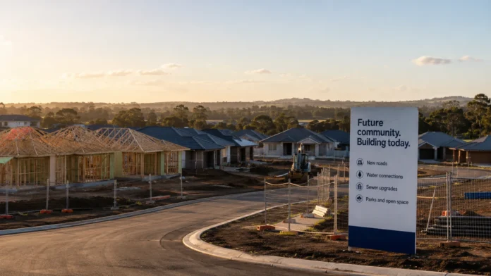 A new Australian housing estate under construction at sunset, with unfinished homes, roads, fencing and a sign highlighting future community infrastructure including roads, water connections and sewer upgrades.
