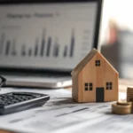 Wooden house model beside financial documents, calculator and stacked coins, illustrating the impact of housing investment tax changes on property supply and returns.