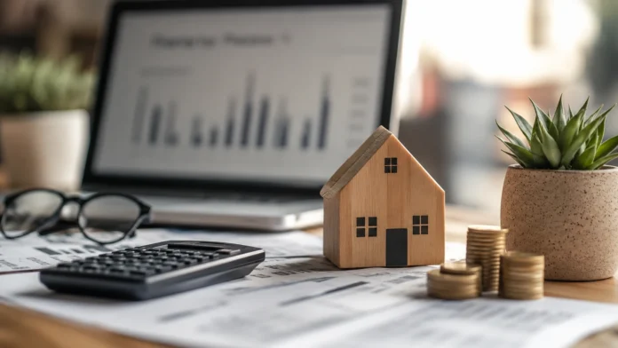 Wooden house model beside financial documents, calculator and stacked coins, illustrating the impact of housing investment tax changes on property supply and returns.