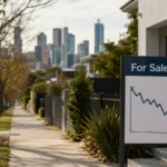 For-sale sign showing a downward price graph outside a modern Australian home, with a capital-city skyline in the background.